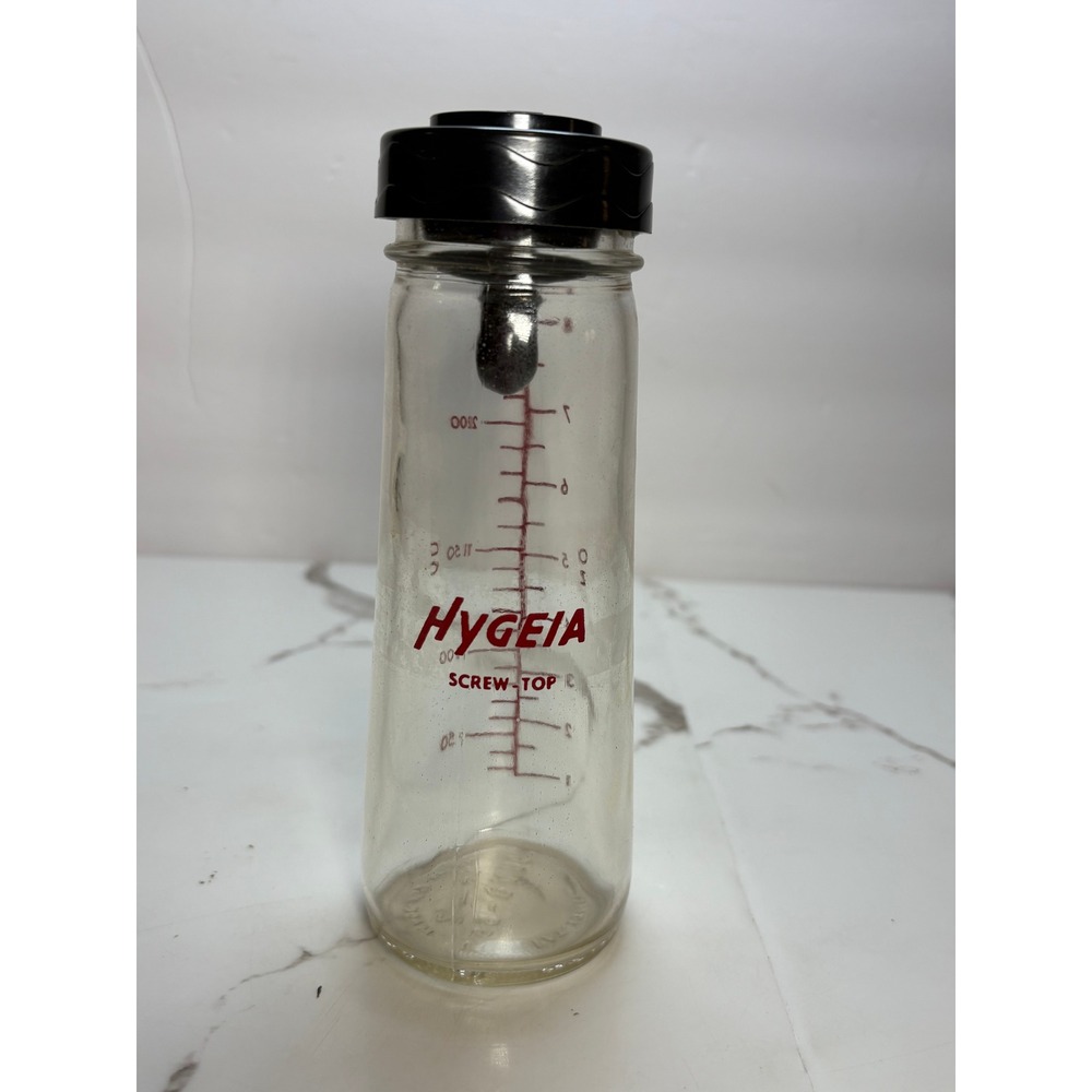 Vintage Hygeia Glass Baby Bottle 8oz Screw Top Black Cap Red Measurements 1957